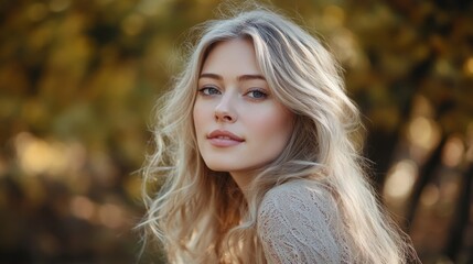 Fototapeta premium Closeup portrait of young attractive woman outdoors with copy space. Beautiful blond girl model. Cheerful lady on neutral background spring, fall, autumn