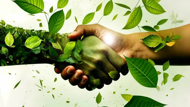 Hand of human is shaking hand of nature in a green leafy tree. Concept of unity and cooperation, ESG Environmental, social, and governance, net zero and climate change
