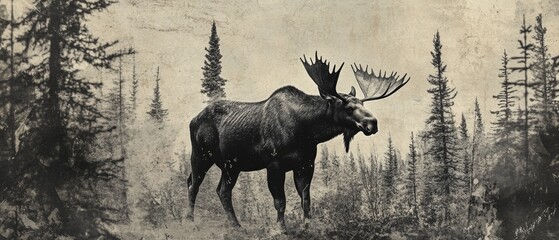 Collage with a B&W photo of Canadian wildlife like a moose or bear, set in a forest backdrop with earthy tones and deep greens