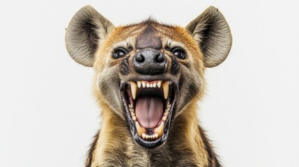 A close-up of a snarling hyena showcasing its sharp teeth and expressive features.