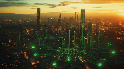 Fototapeta premium Smart Innovation city with connection cyber security network reciprocity over the sunset cityscape future wireless digital city and social media networking systems that connects people in the city