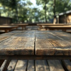 Rustic Wooden Table in a Sunny Forest Setting