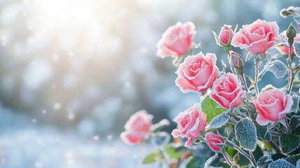 Obraz premium Frosted Pink Roses Winter Wonderland Beautiful Frosty Flowers
