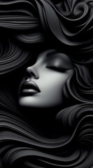 A woman's face is shown in a black and white photo with long, flowing hair