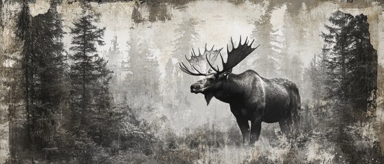 Collage with a B&W photo of Canadian wildlife like a moose or bear, set in a forest backdrop with earthy tones and deep greens