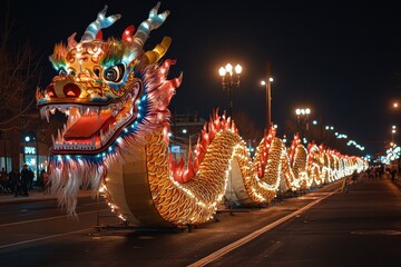 Colorful Dragon Costume in Vibrant Parade at Night