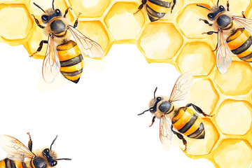 A watercolor illustration of bees on honeycomb, showcasing nature's pollinators.