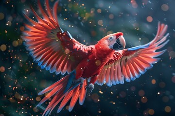 Obraz premium A vibrant scarlet macaw in flight, showcasing its stunning plumage against a blurred emerald backdrop.