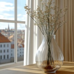 Glass Vase with Dried Flowers on Windowsill, City View