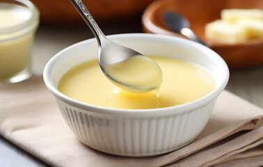 Cream, soup, dipping sauce, cooking, placed in a container, close-up, emphasizing the smooth texture and delicious appearance.