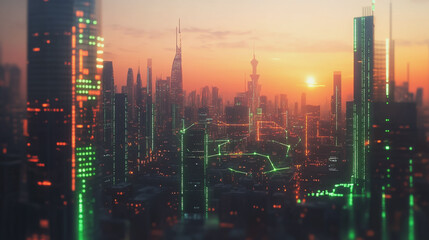 Fototapeta premium Smart Innovation city with connection cyber security network reciprocity over the sunset cityscape future wireless digital city and social media networking systems that connects people in the city