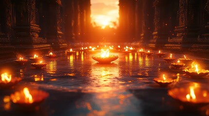 Naklejka premium Sunset Ritual: Glowing Lights in Ancient Temple