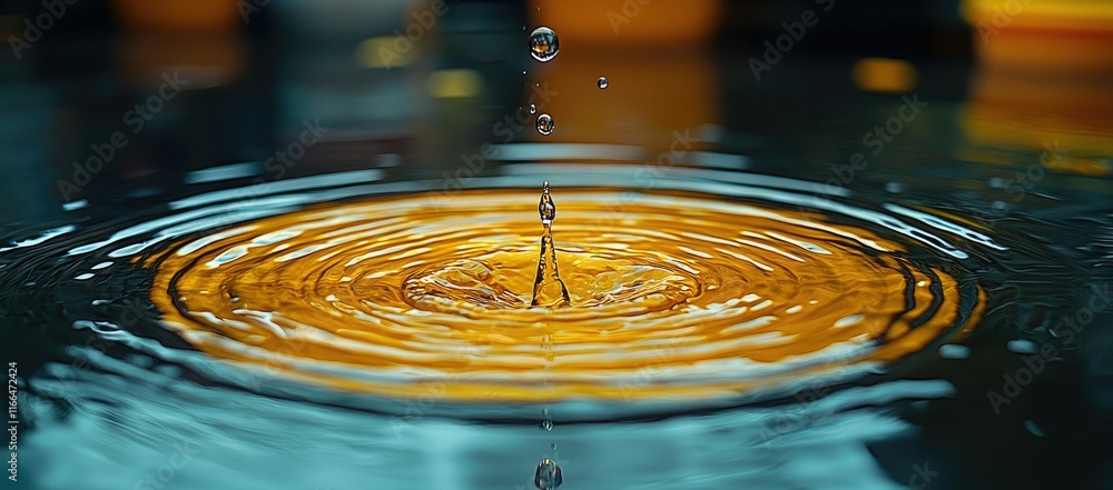 Poster a close-up of water droplets creating ripples in a serene environment.