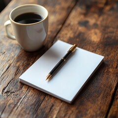 Blank Notepad with Pen and Coffee on Rustic Wooden Table