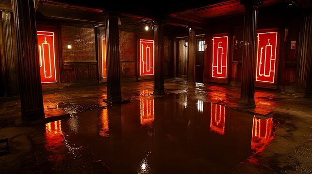 Red-lit basement corridor, flooded floor, escape room