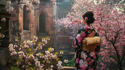 春の庭園とハイデルベルク城に映える着物姿の女性