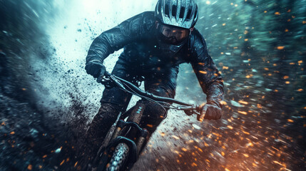 Fototapeta premium Mountain cyclist racing through misty forest with dynamic sparks and fog creating dramatic sports atmosphere