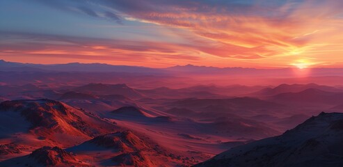 Naklejka premium Breathtaking sunset over rugged mountains, showcasing vibrant colors and dramatic sky, perfect for travel themes.