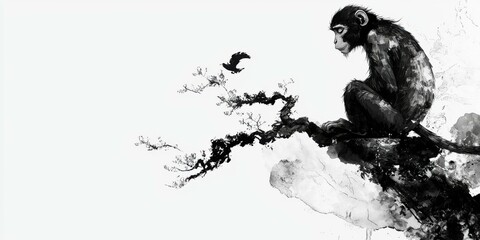 Monkey contemplation in chinese brush style traditional art nature