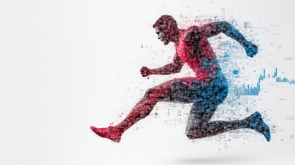 Dynamic athletic silhouette in motion, modern digital art with dispersing blue particles effect shows power and speed in sport performance