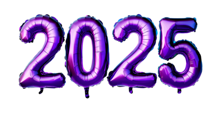 , with purple and blue foil balloons in the shape of "2025", on a transparent background, in PNG format2025", purple and blue numbers in the shape of balloons, transparent background