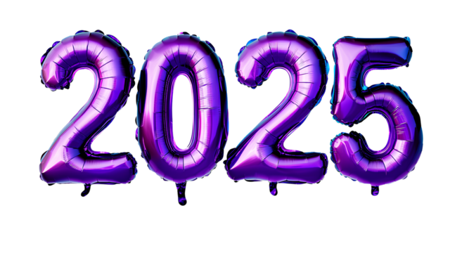 , with purple and blue foil balloons in the shape of "2025", on a transparent background, in PNG format2025", purple and blue numbers in the shape of balloons, transparent background