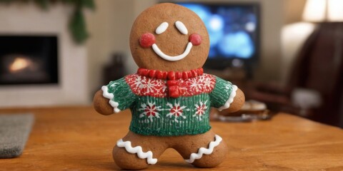 "Gingerbread Man Figurine in Green Sweater Standing on Wooden Table in Festive Holiday Setting with Blurred Living Room Background"