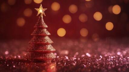 "Festive and Cheerful Close-Up of Red Glitter Christmas Tree with Bokeh Lights on Deep Red Background"