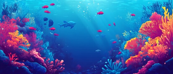 Naklejka premium Colorful coral reefs, schools of beautiful fishes swimming blue underwater ocean sea