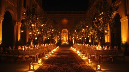 Obraz premium Elegant outdoor dining setup illuminated by lanterns, creating a romantic atmosphere.