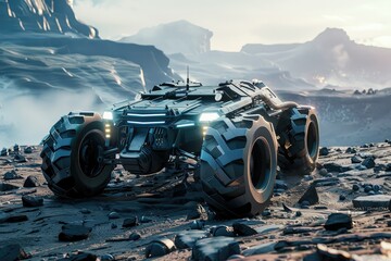 Futuristic Offroad Vehicle in Rocky Desert, Dramatic Lighting and Low Angle