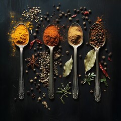 Spices in Spoons on Dark Background
