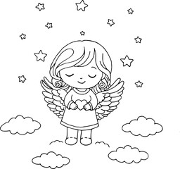 little angel coloring page with star and cloud