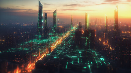 Obraz premium Smart Innovation city with connection cyber security network reciprocity over the sunset cityscape future wireless digital city and social media networking systems that connects people in the city