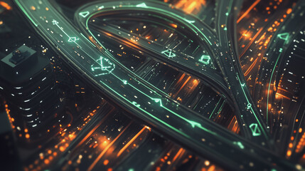 Smart Innovation city with connection cyber security network reciprocity over the sunset cityscape future wireless digital city and social media networking systems that connects people  in the city