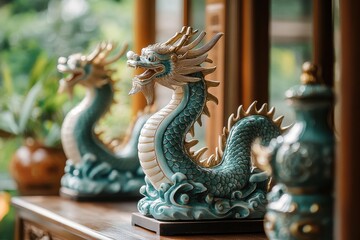 Fototapeta premium Elegant Dragon Figurines in Natural Light Setting