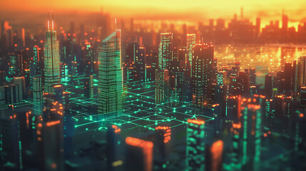 Fototapeta premium Smart Innovation city with connection cyber security network reciprocity over the sunset cityscape future wireless digital city and social media networking systems that connects people in the city