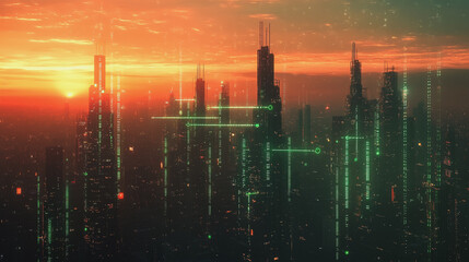 Fototapeta premium Smart Innovation city with connection cyber security network reciprocity over the sunset cityscape future wireless digital city and social media networking systems that connects people in the city
