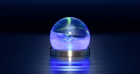 Luminescent waving water within glass globe. Diffraction of light and caustics. 3D rendering.