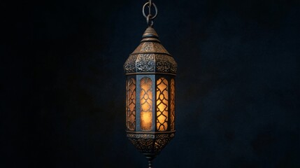 Illuminated ornate metal lantern hanging against a dark background