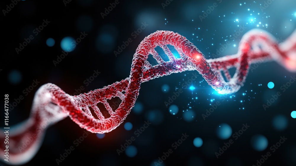 Poster close-up of a dna double helix with glowing particles.