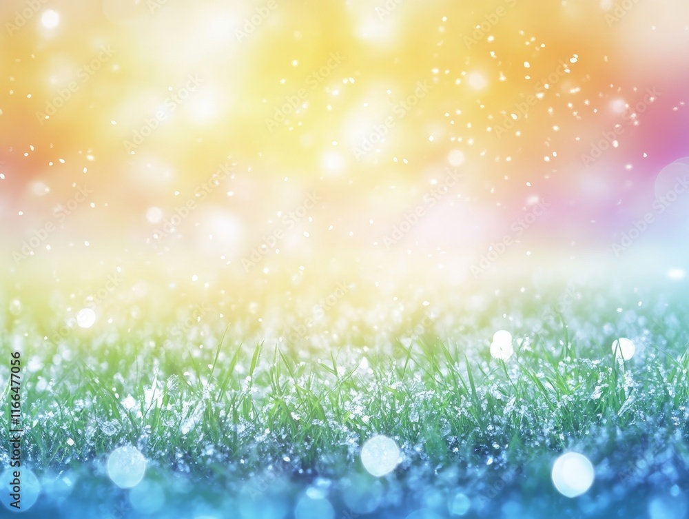 Poster a serene background featuring grass with sparkling dew and a colorful gradient sky.