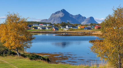 Fototapeta premium experience the vibrant autumn beauty of norwegian coastal villages nestled in the mountainous landscapes of lofoten islands with stunning fjord views and colorful houses