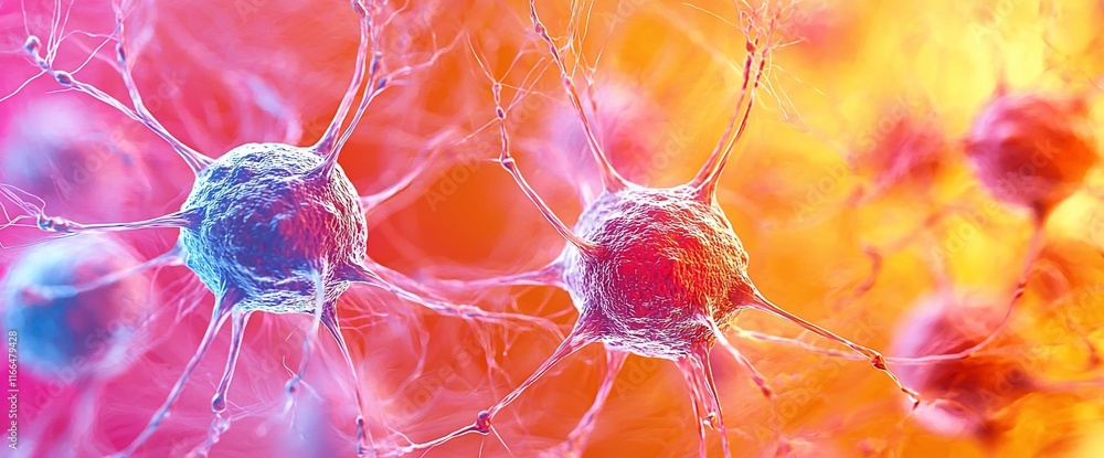 Poster microscopic view of neurons connecting and communicating.