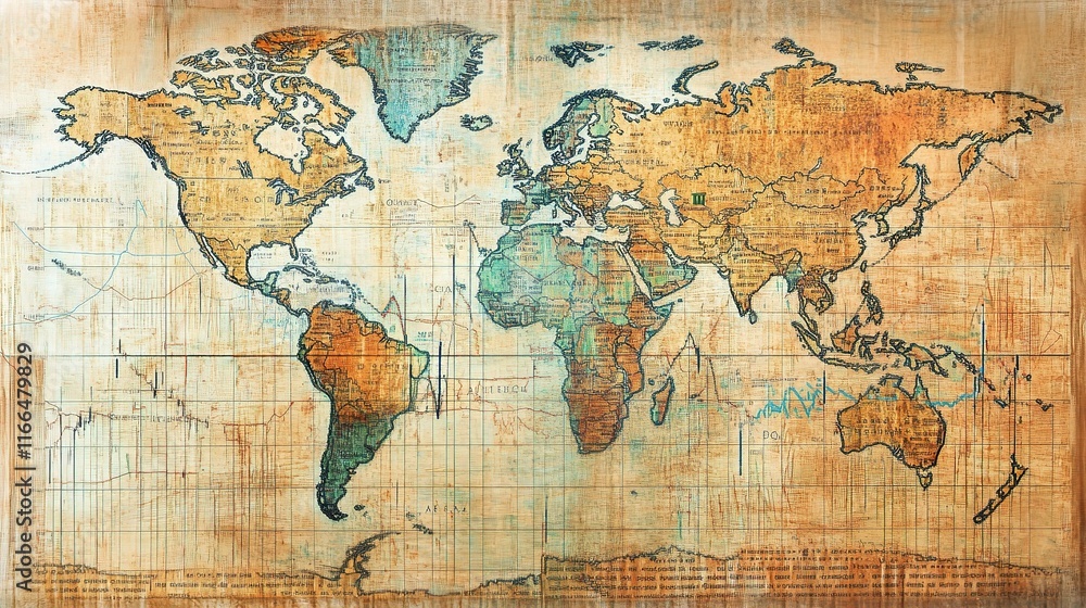 Poster world map with graph lines overlay illustrating data trends