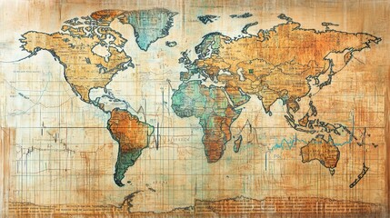 World Map with Graph Lines Overlay Illustrating Data Trends