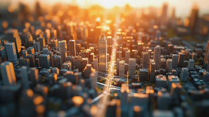 Fototapeta premium Smart Innovation city with connection cyber security network reciprocity over the sunset cityscape future wireless digital city and social media networking systems that connects people in the city