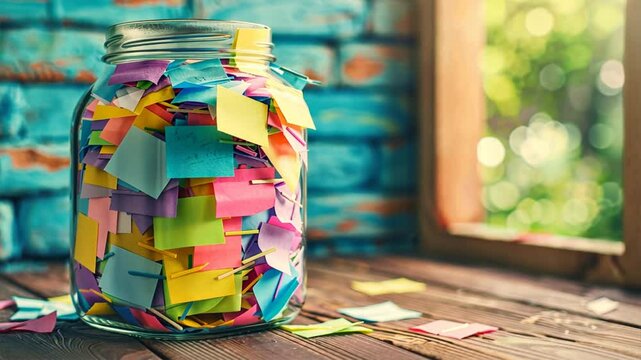 Colorful Sticky Notes in Glass Jar on Wooden Table Creative Organization of Office Supplies with Bright Colors and Blurred Background.