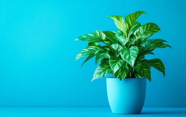 Obraz premium Vibrant green plant in a pot on a blue background, soothing and fresh, ideal for nature, home decor, and ecofriendly content