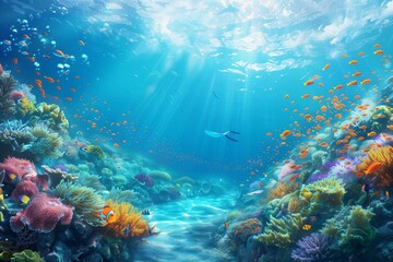 Fototapeta premium Vibrant underwater scene showcasing colorful coral reefs and diverse marine life illuminated by sunlight.